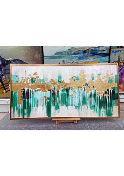 Yağlı Boya Dokulu Tablo Yeşil Altın Soyut Şehir Manzarası U08039 indirimleri