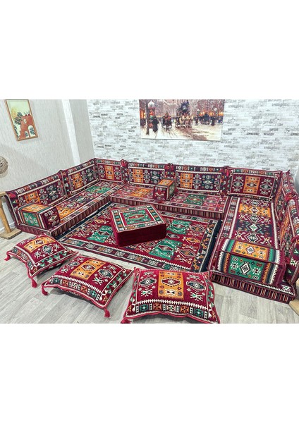 Şark Köşesi Bordo Milas Desenli Minder, Kilim, Orta Puf Takımlarımız fırsatları