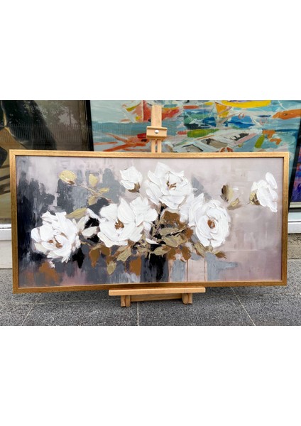 Yağlı Boya Dokulu Tablo Vazoda Beyaz Modern Çiçekler U02035