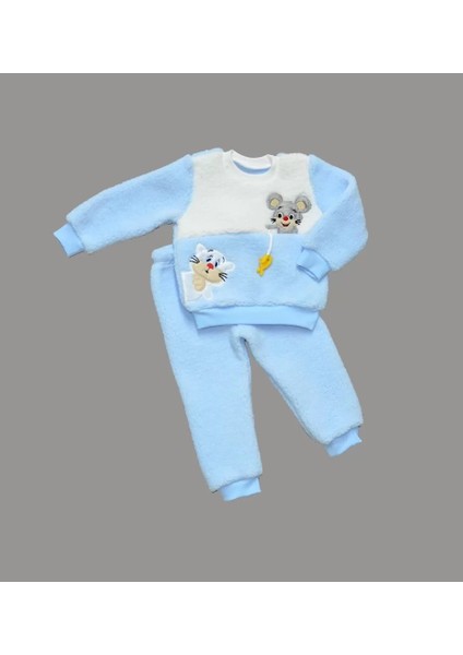 1-2-3 Yaş Sallanan Balık Nakışlı Kuzu Kumaş Sweat Pantolon Uzun Kollu Kız Erkek 2 Li Takımı Mavi