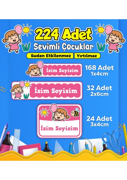 Sevimli Çocuklar Okul Kreş Kişiye Özel Isim Etiket Seti - Model 470