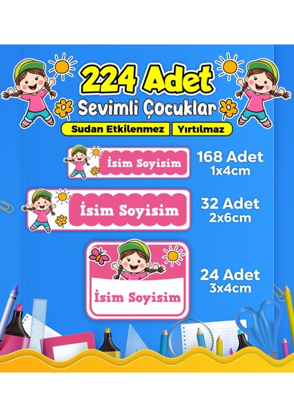 Sevimli Çocuklar Okul Kreş Kişiye Özel Isim Etiket Seti - Model 474