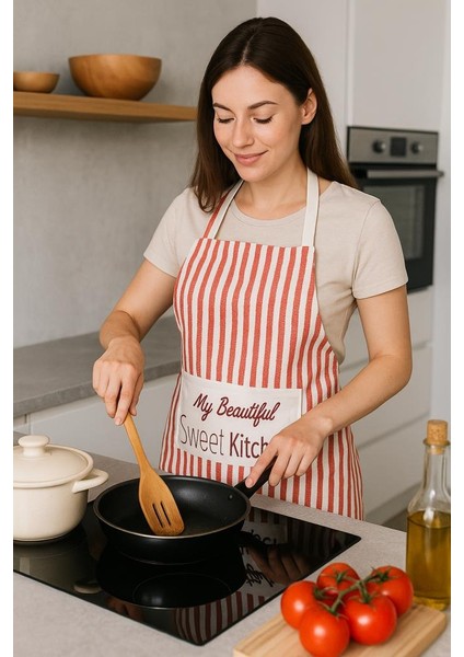 Çizgili Mutfak Önlüğü Cepli Baskılı Dayanıklı Kumaş Önlük