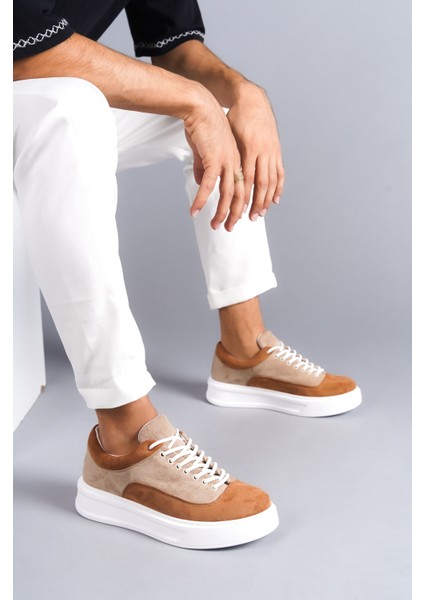 J005 Bağcıklı Ortopedik Taban Süet Günlük Erkek Spor Sneaker Ayakkabı Bt Vizon/taba