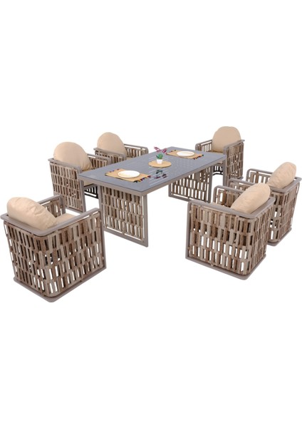 Talia | Rattan Bahçe Masa Takımı | 100X200 6 Kişilik Bahçe Mobilyası