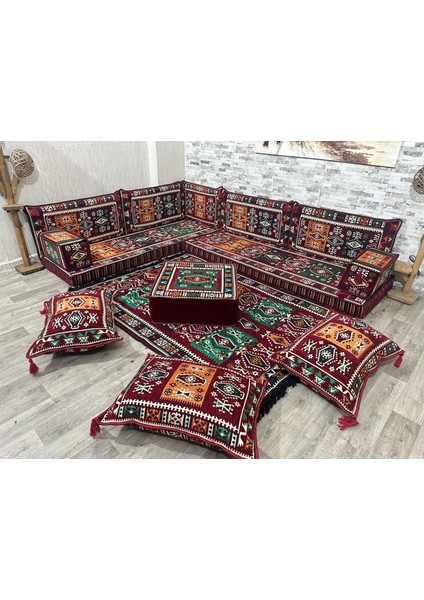 Şark Köşesi Milas Desenli Minderli Köşe Takımı Bordo