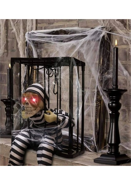 Hareketli Sesli Sensörlü Mahkum Görünümlü Kuru Kafa Iskelet Dekorasyon 22X27 cm (5047) modelleri