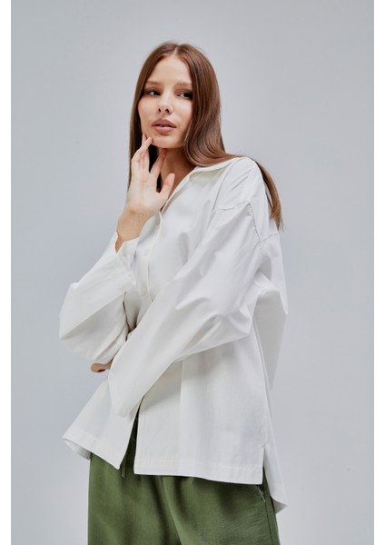 Ekru Oversize Poplin Gömlek