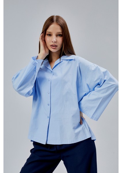 Bebe Mavisi Oversize Poplin Gömlek