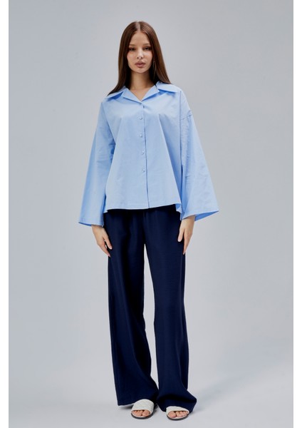 Bebe Mavisi Oversize Poplin Gömlek modelleri