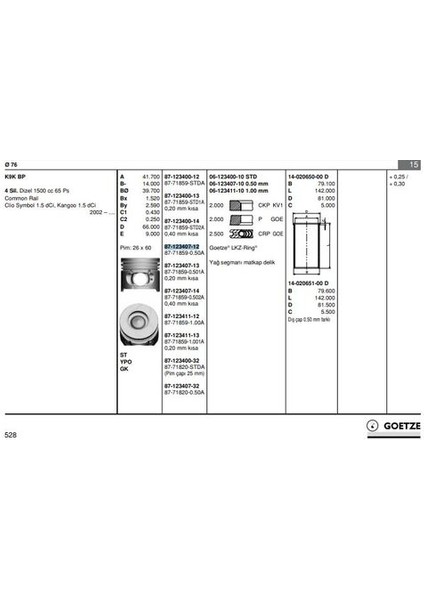 87-71859-050 Motor Pıston Segman Clıo Kangoo (Pım Capı 26MM) (1.5 Dcı K9K Bp) (76.00MM Std ( 0.50MM)