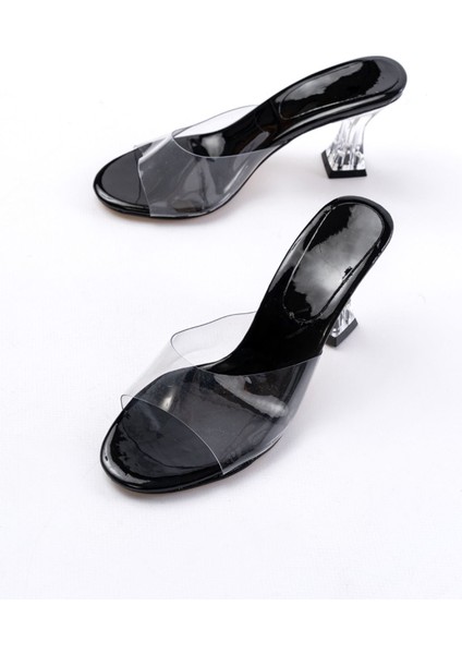 S-619 Siyah Rugan Şeffaf Bantlı Şeffaf Topuklu Yuvarlak Burunlu Kadın Terlik modelleri