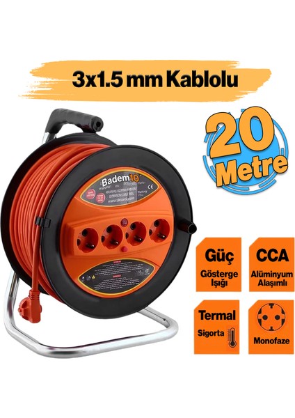 Plastik Makaralı Seyyar Cca Kablo 4 Prizli Uzatma Kablosu 3x1.5 mm 20 Metre Alüminyum Alaşım Kablosu
