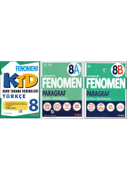 8. Sınıf Türkçe Konu Tarama Denemeleri+Fenomen 8.sınıf 8A ve 8b Paragraf (3 Kitap)