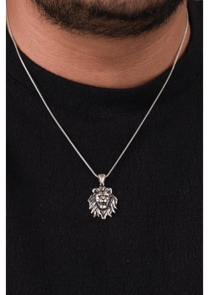 Gümüş Aslan Kafası Başı Kabartmalı Oksitli Karartmalı Erkek Kolye fiyatları