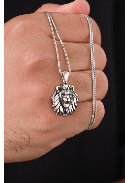 Gümüş Aslan Kafası Başı Kabartmalı Oksitli Karartmalı Erkek Kolye modelleri