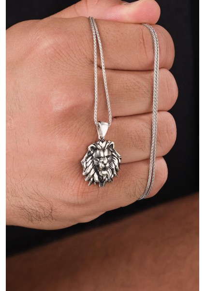 Gümüş Aslan Kafası Başı Kabartmalı Oksitli Karartmalı Erkek Kolye fırsatları