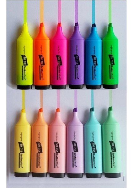 6 Pastel + 6 Canlı Renk Fosforlu Kalem Seti