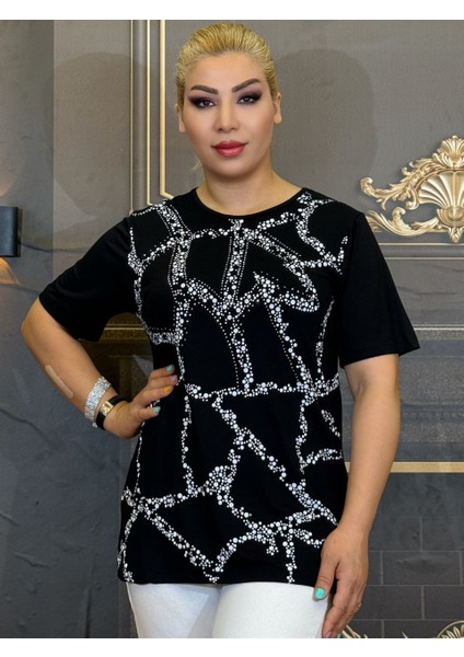 Abiye Bluz,yazlık,kadın,tişört, Taşli Işlemeli,pamuk Iplik,siyah,desenli,yüksek Kalite