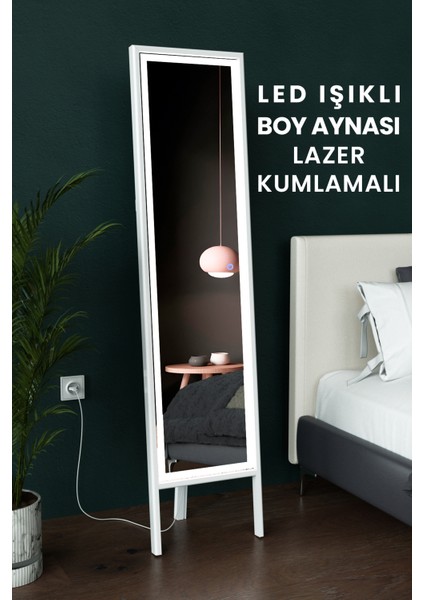 LED Işıklı Boy Aynası Lazer Kumlamalı 145X35 cm