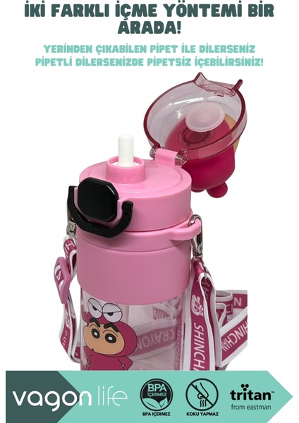 650ML Crayon Shinchan Figürlü Kapak Pipetli/pipetsiz Kullanım El Askılı Tritan Su Matarası indirimleri