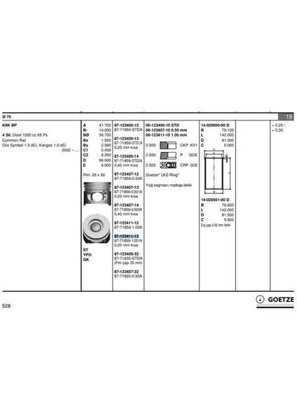 87-71859-1001 Motor Pıston Segman Clıo Kangoo (Pım Capı 26MM) (1.5 Dcı K9K Bp) (76.00MM Std ( 100MM) (-0.20MM Kısa)