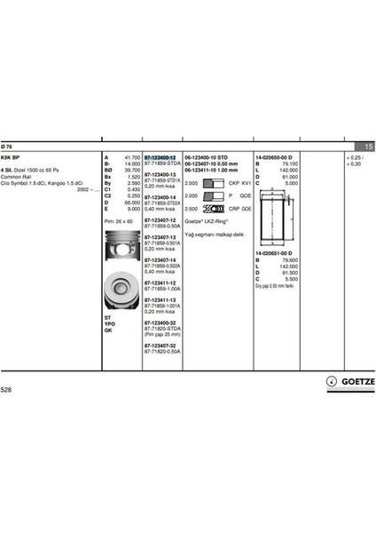 87-71859-STD Motor Pıston Segman Clıo Kangoo (Pım Capı 26MM) (1.5 Dcı K9K Bp) (76.00MM Std)