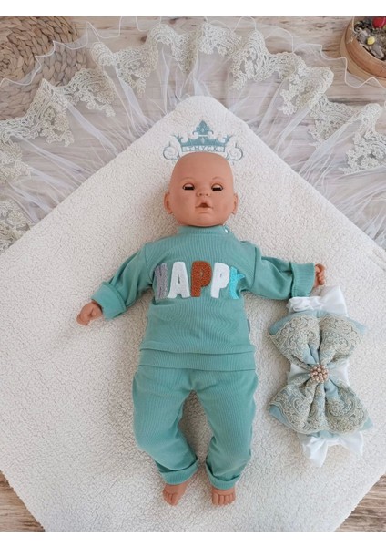 Yenidoğan Kuzulu Taç Nakış Güpürlü Fiyonklu Duvaklı Prizma Taş Unisex Kundak Bebek Battaniyesi Su Yeşili modelleri
