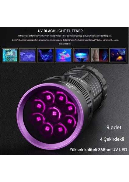 90W 365NM Profesyonel Ultra Güçlü Mor Uv Işık Para Kontrol Feneri Uv Lamba 9000MAH Pil
