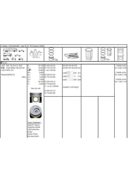87-72179-050 Pıston Segman 81.51MM 0.50 5 Sılındırlı Motorun 1. 2. Pıstonları Transporter T5 03>09 Touareg 03>10 2.5tdı 130 163 174 Ps Axd Axe Bac Blj Blk 03>9