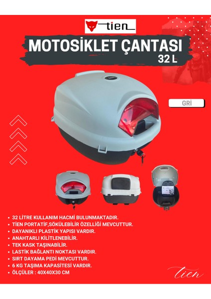 Tien 32 Litre Motosiklet Çantası-Gri-(Sırt Dayama Pedi Dahil)