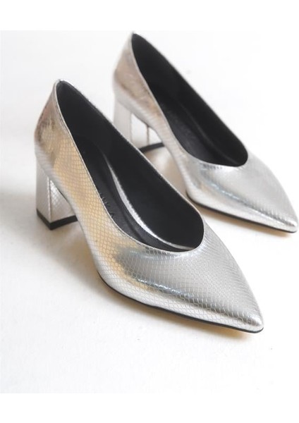 Kadın Mryln Gümüş Yılan Metalik Stiletto Ayakkabı