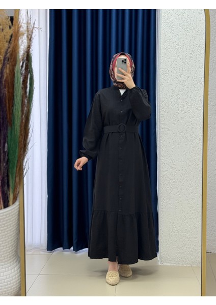 Miressa Boydan Düğmeli Kemerli Çilek ELBISE-PE620 Siyah