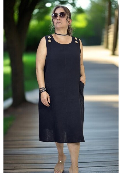 Düğme Detaylı Jopone Kol(Kolsuz) Cepli Müslin Kumaş Büyük Beden Yazlık Elbise