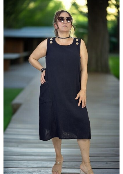 Düğme Detaylı Jopone Kol(Kolsuz) Cepli Müslin Kumaş Büyük Beden Yazlık Elbise fiyatları