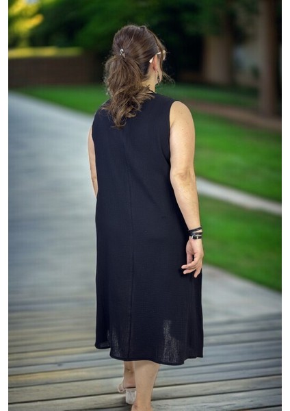 Düğme Detaylı Jopone Kol(Kolsuz) Cepli Müslin Kumaş Büyük Beden Yazlık Elbise modelleri