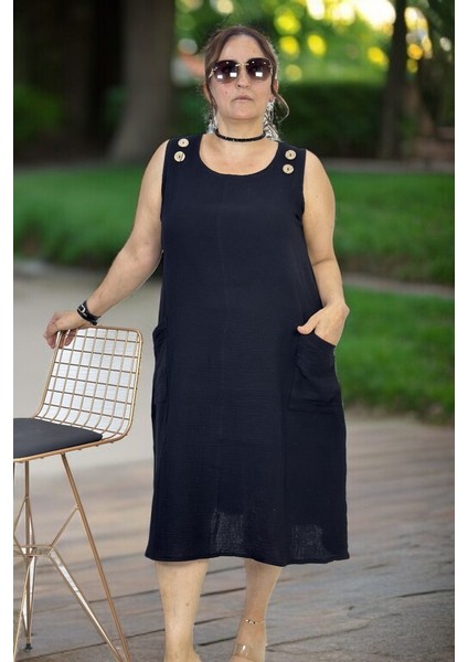 Düğme Detaylı Jopone Kol(Kolsuz) Cepli Müslin Kumaş Büyük Beden Yazlık Elbise fırsatları