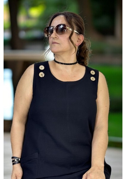 Düğme Detaylı Jopone Kol(Kolsuz) Cepli Müslin Kumaş Büyük Beden Yazlık Elbise indirimleri