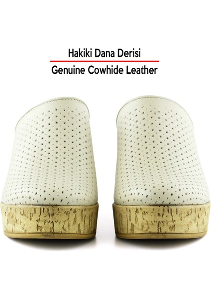 Aria Bej Hakiki Dana Derisi Önü Kapalı Mantar Taban Görünümlü Dolgu Topuklu Terlik