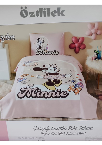 Tek Kişilik Ranforce Disney Lisanslı Lastikli Çarşaf Çocuk Pike Takımı Minnie Garden Pembe fiyatları