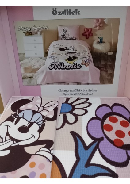 Tek Kişilik Ranforce Disney Lisanslı Lastikli Çarşaf Çocuk Pike Takımı Minnie Garden Pembe modelleri
