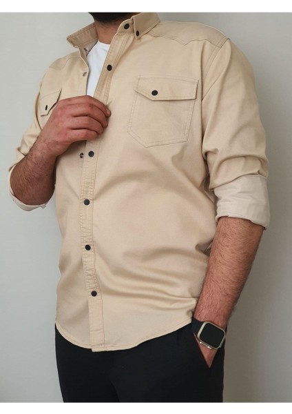 Kıvanç Bej Erkek Rahat Esnek Slim Fit Kalıp Pamuklu Kot Gömlek KIVANC-1927 fırsatları