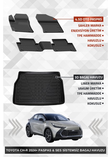 Toyota C-Hr 2 2023+ Uyumlu 4.5d Premium Havuzlu Oto Paspas ve Liner Marka 3D Ses Sistemsiz Bagaj Havuzu