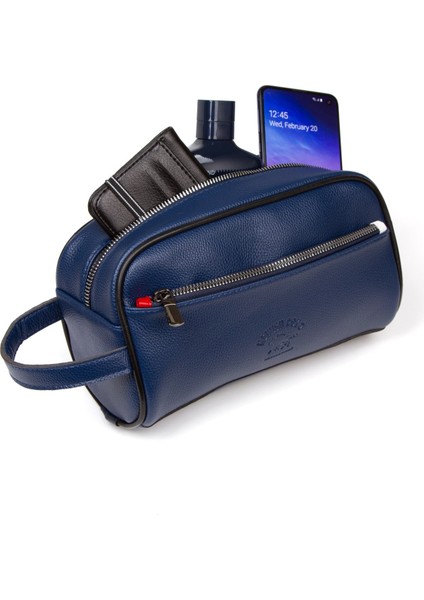 Erkek Deri Portföy Clutch Traş Kozmetik Bakım ve Günlük El Çantası (14X24CM) NEW171 - Lacivert