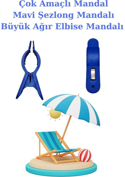 4'lü Mavi Büyük Boy Plaj Havlu Mandalı, Çok Amaçlı, Sabitleyici