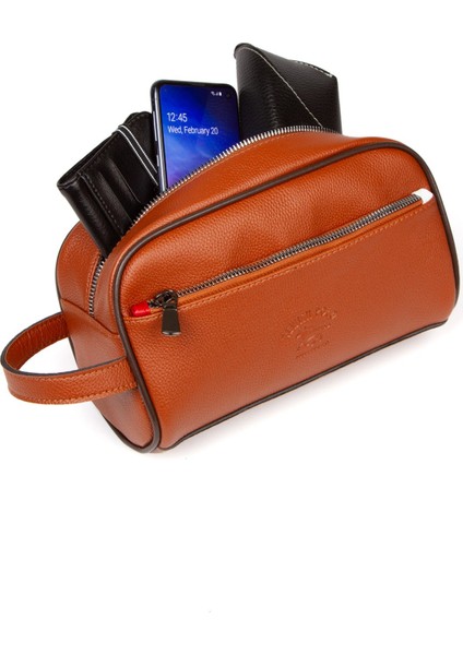Erkek Deri Portföy Clutch Traş Kozmetik Bakım ve Günlük El Çantası (14X24CM) NEW171 - Taba