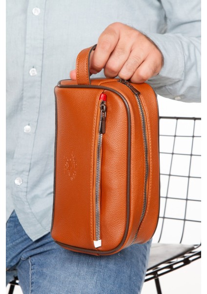 Erkek Deri Portföy Clutch Traş Kozmetik Bakım ve Günlük El Çantası (14X24CM) NEW171 - Taba indirimleri