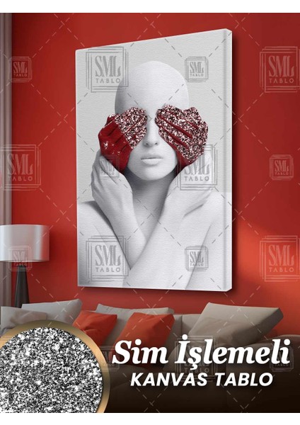 Sim Işlemeli Kırmızı Eldiven Gözü Kapalı Heykel Dekor Simli Dikey Kanvas Tablo