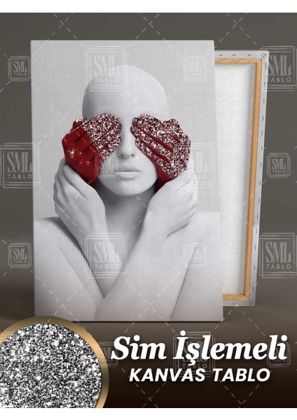 Sim Işlemeli Kırmızı Eldiven Gözü Kapalı Heykel Dekor Simli Dikey Kanvas Tablo fiyatları