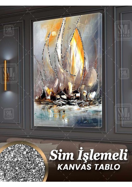 Sim Işlemeli Denizdeki Altın Yelkenli Gemiler Deniz Doğa Manzara Simli Dikey Kanvas Tablo